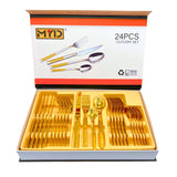 Imported Cutlery 24-Piece Golden Flower Pattern Design - 6 Person