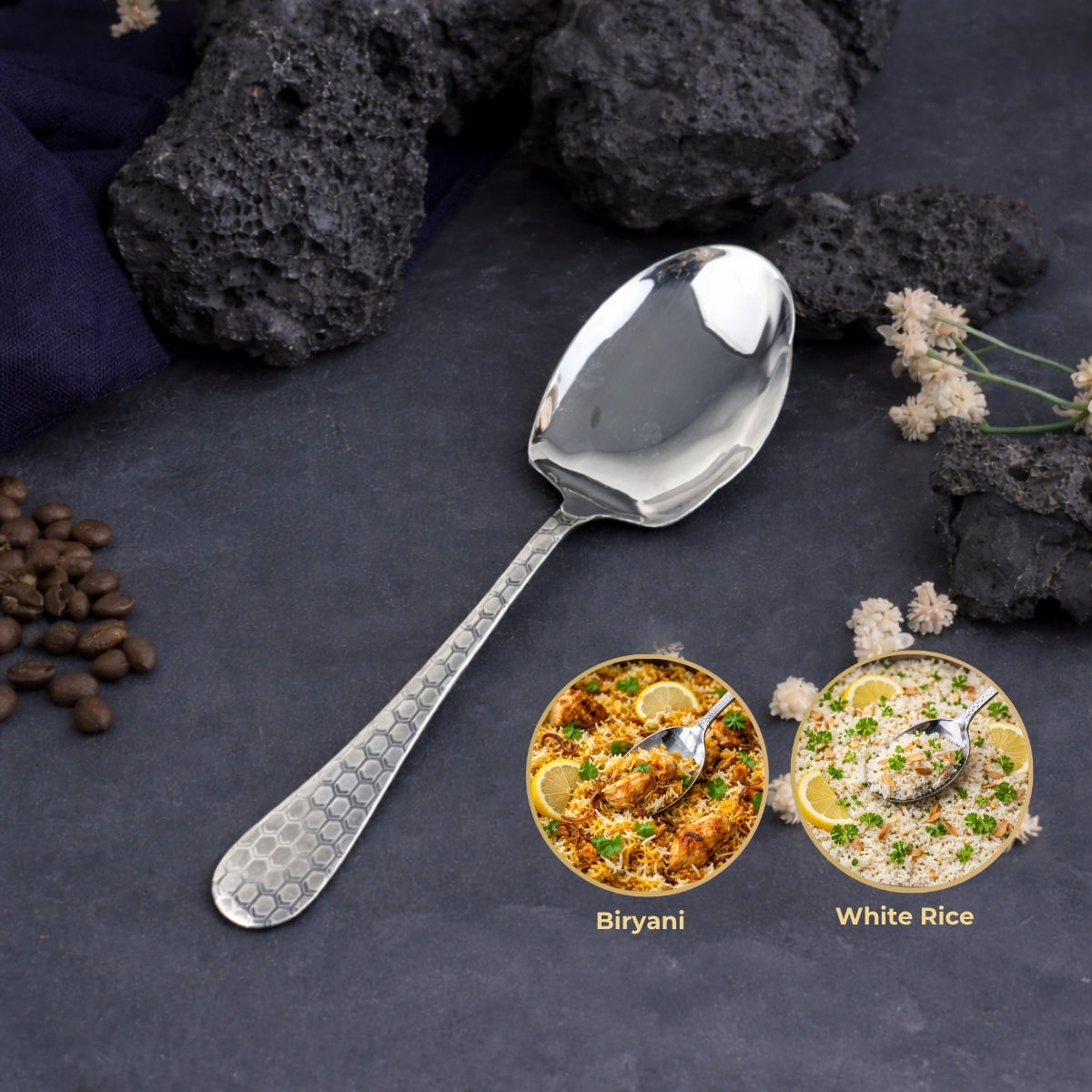 Rice & Curry Serving Spoons Set Silver Diamond Pattern Qareenay Manzil® Branded with 5 Year Warranty