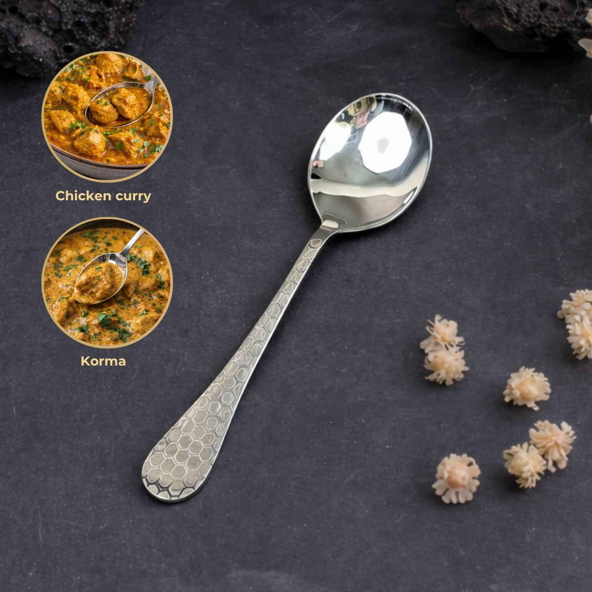 Rice & Curry Serving Spoons Set Silver Diamond Pattern Qareenay Manzil® Branded with 5 Year Warranty