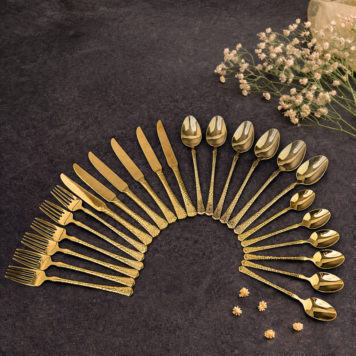 AYD Premium 24-Piece Hammered Golden Cutlery Set - 6 Person