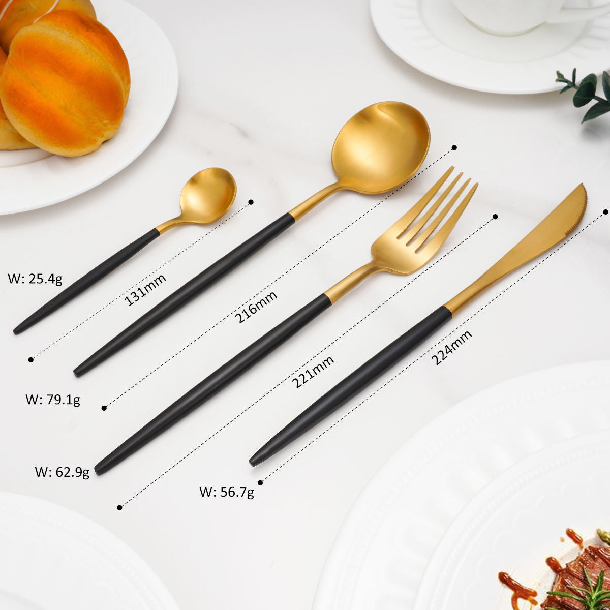 80 Gram HEAVY Quality Cutlery for 6 People - 24 Piece Set - Black & Golden