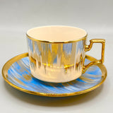 6 Persons Ceramic Tea cup & Saucer Set - Blue & Gold