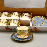 6 Persons Ceramic Tea cup & Saucer Set - Blue & Gold