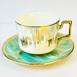 6 Persons Ceramic Tea cup & Saucer Set - Green & Gold