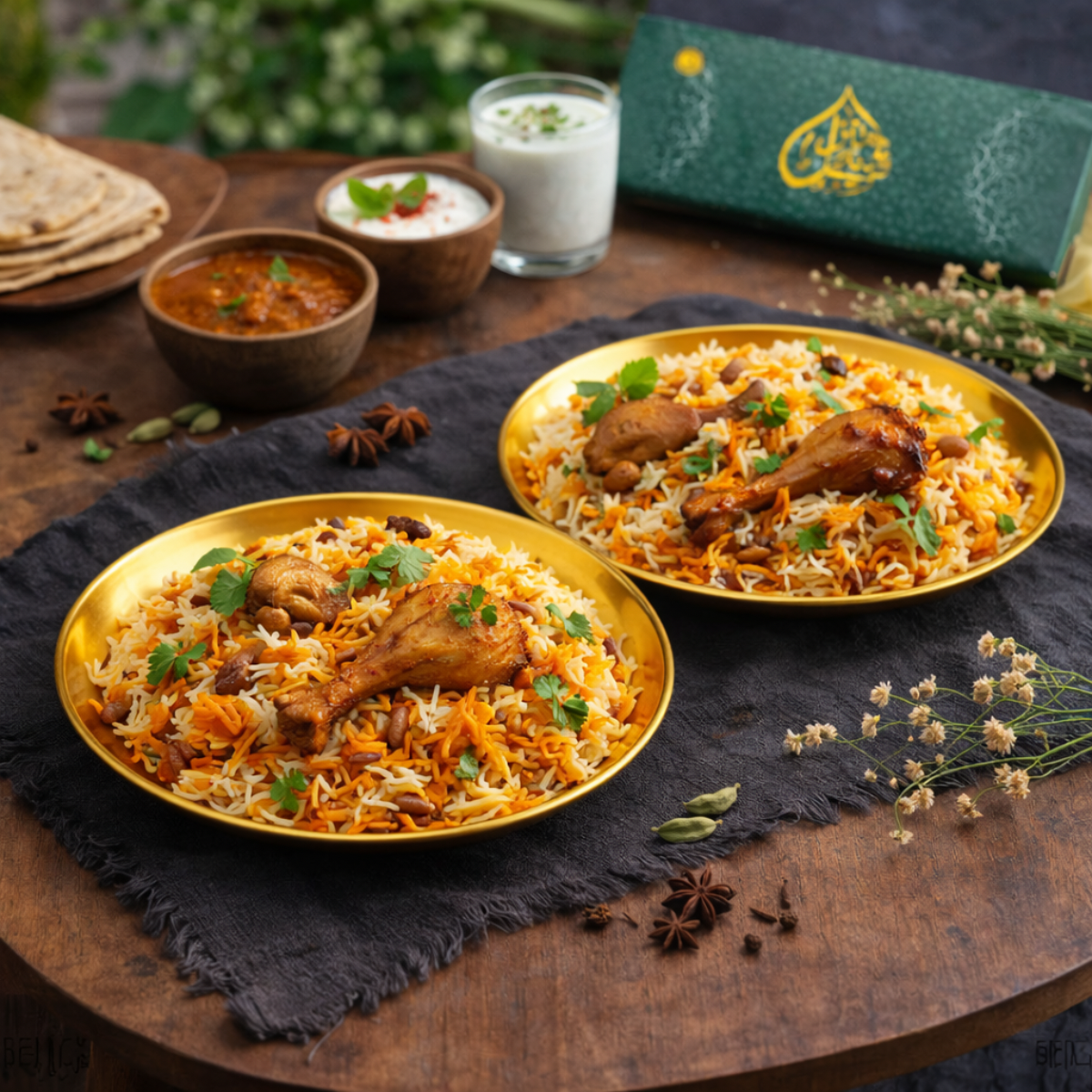 Golden Karahi & Rice Serving Platter | Qareenay Manzil Golden Karahi & Rice Serving Platter | Qareenay Manzil