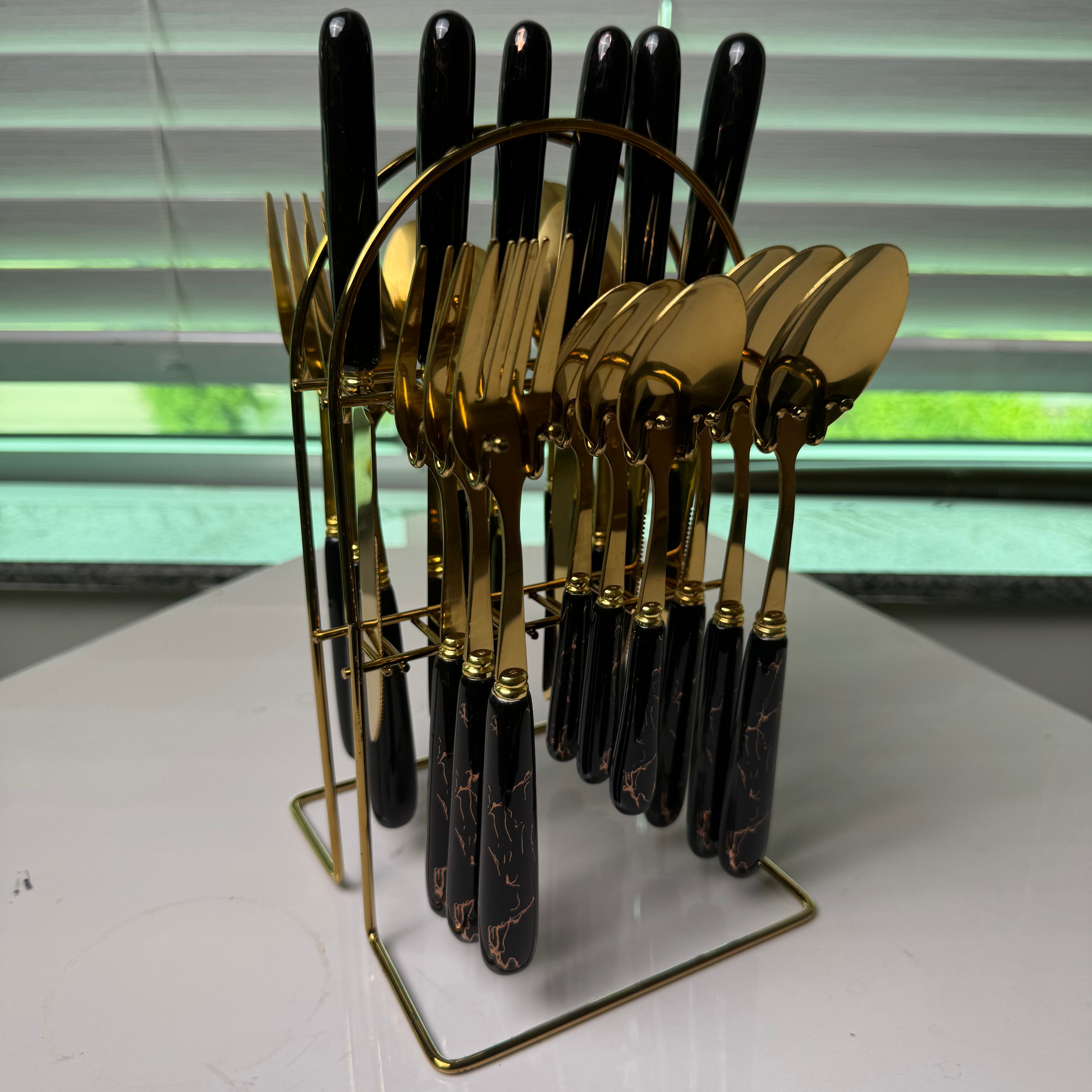 Black Marbline Golden Cutlery Set 25 Pcs