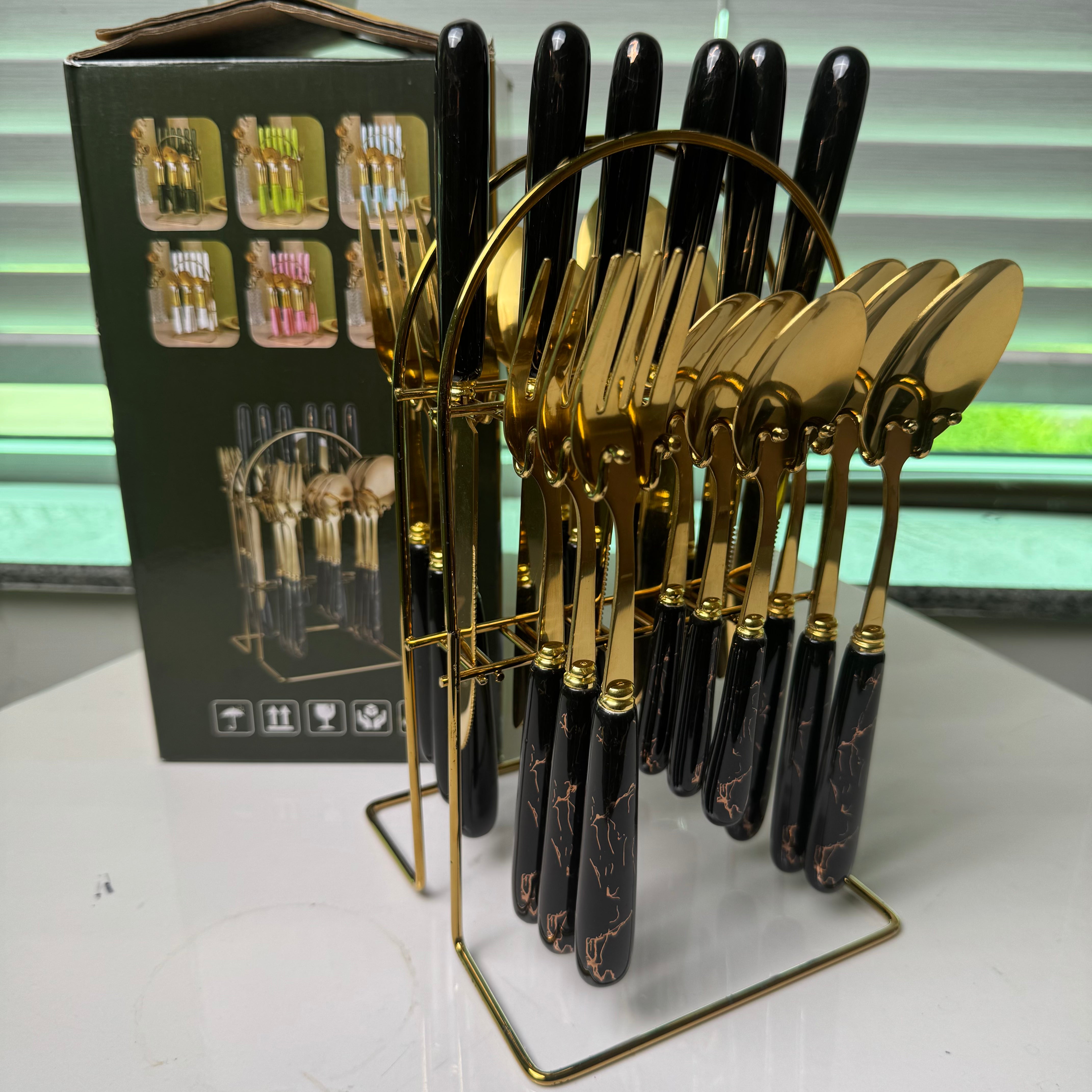 Black Marbline Golden Cutlery Set 25 Pcs