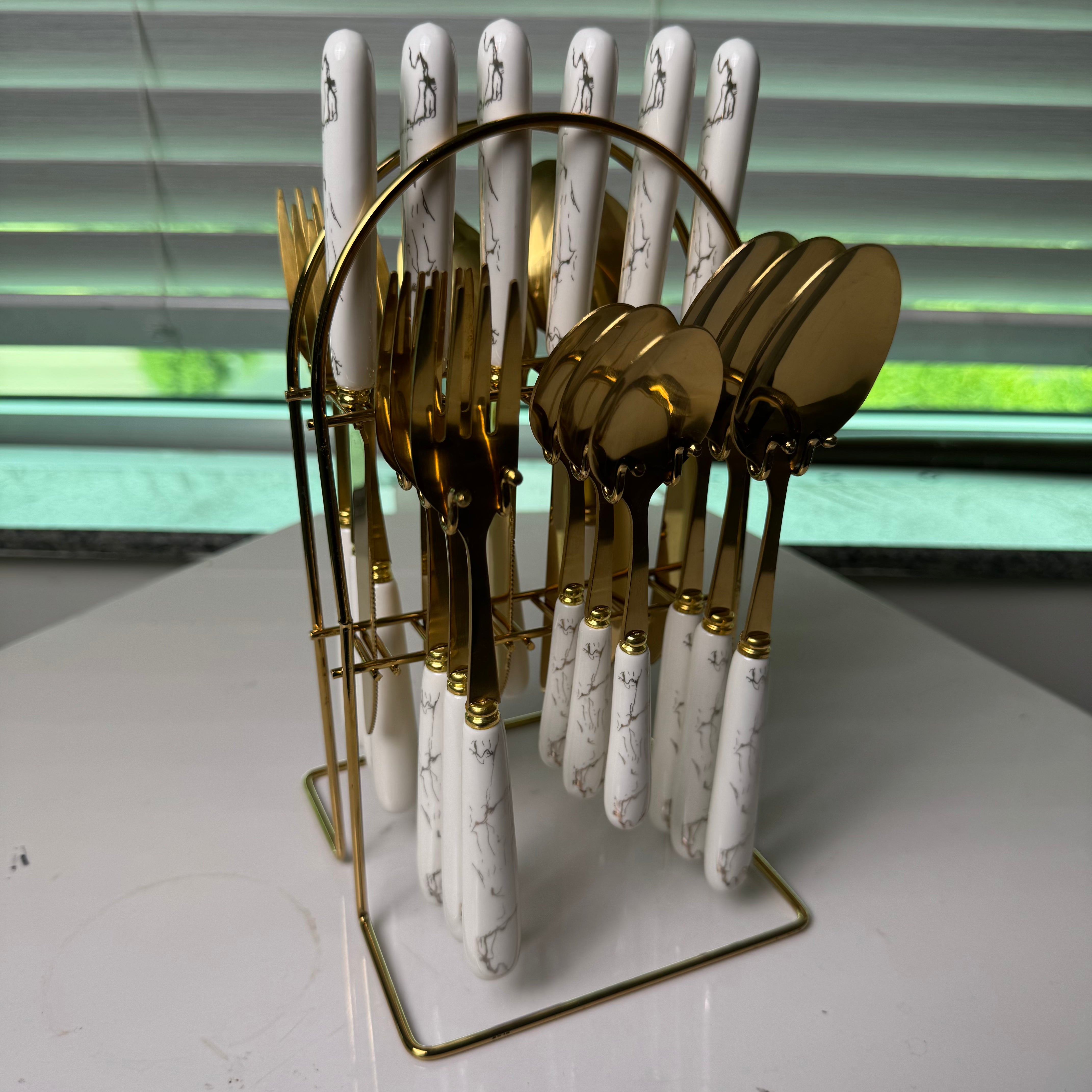 White Marbline Golden Cutlery Set 25 Pcs