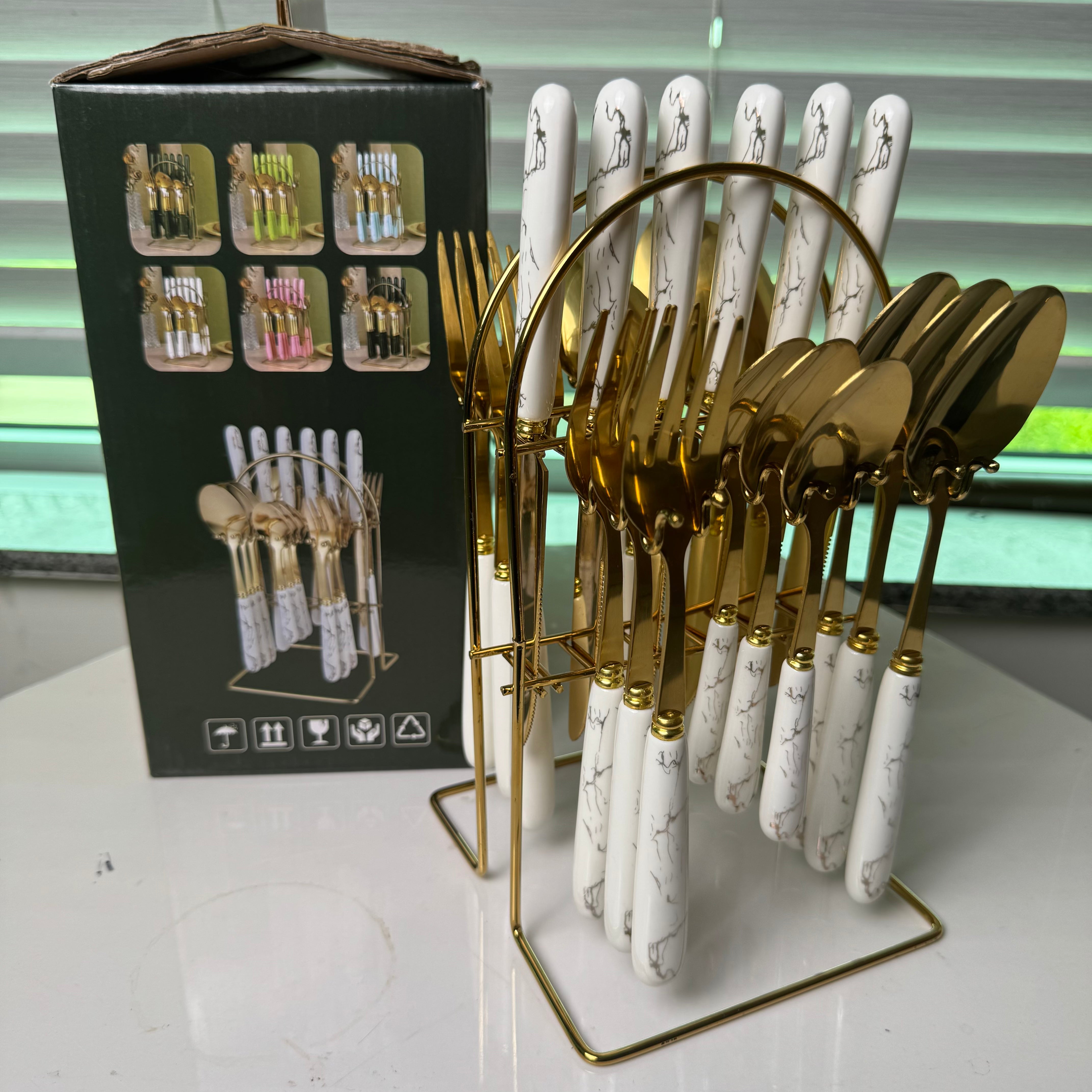 White Marbline Golden Cutlery Set 25 Pcs