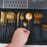 80 Gram Heavy Quality Cutlery for 6 People - 24 Piece Set - Black & Golden