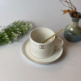 CHANEL Design Premium Tea Cup with Saucer and Golden Spoon - White