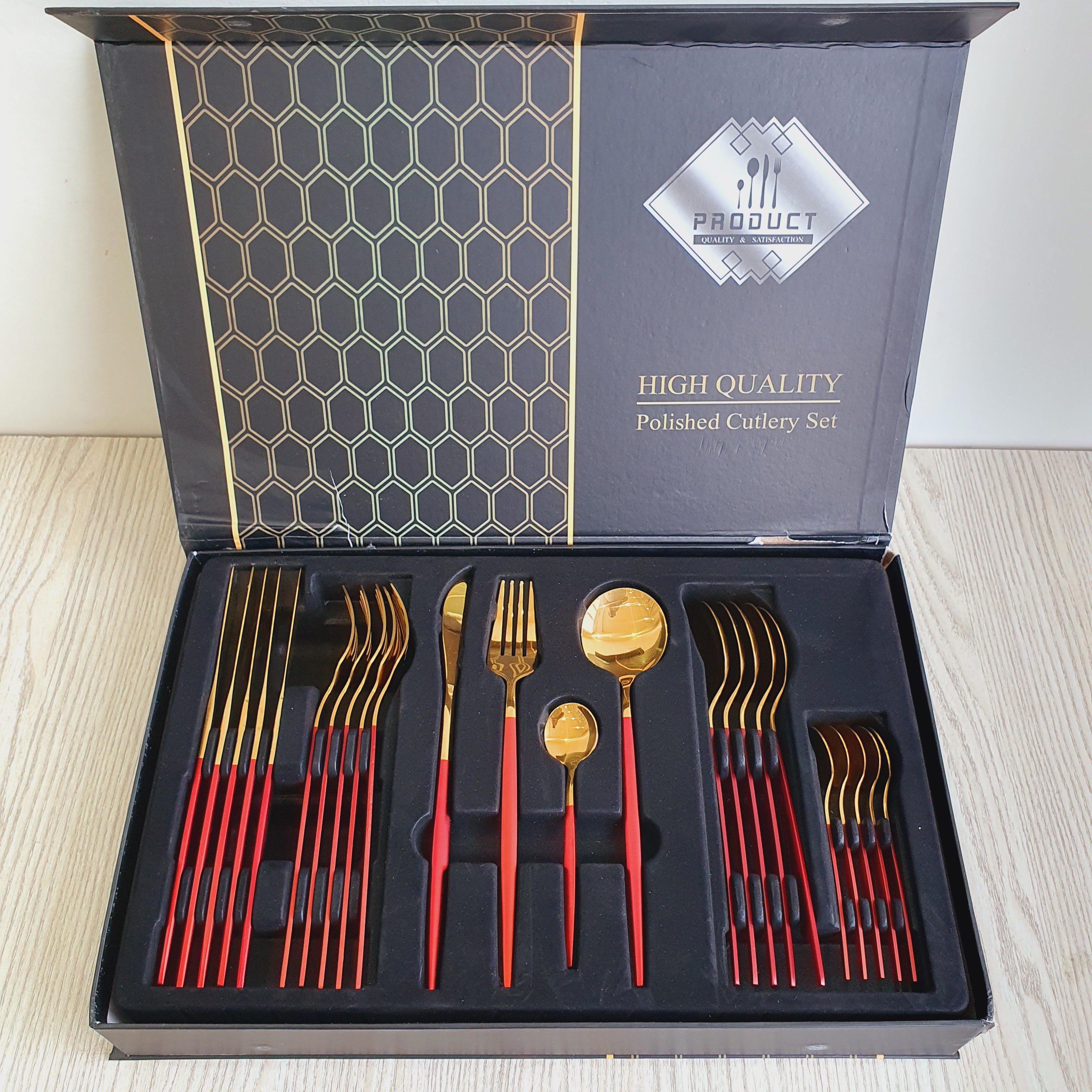35 Gram Quality Cutlery for 6 People - 24 Piece Set - Gold & Red