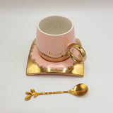 Cup & Saucer With Spoon - Pink & Golden