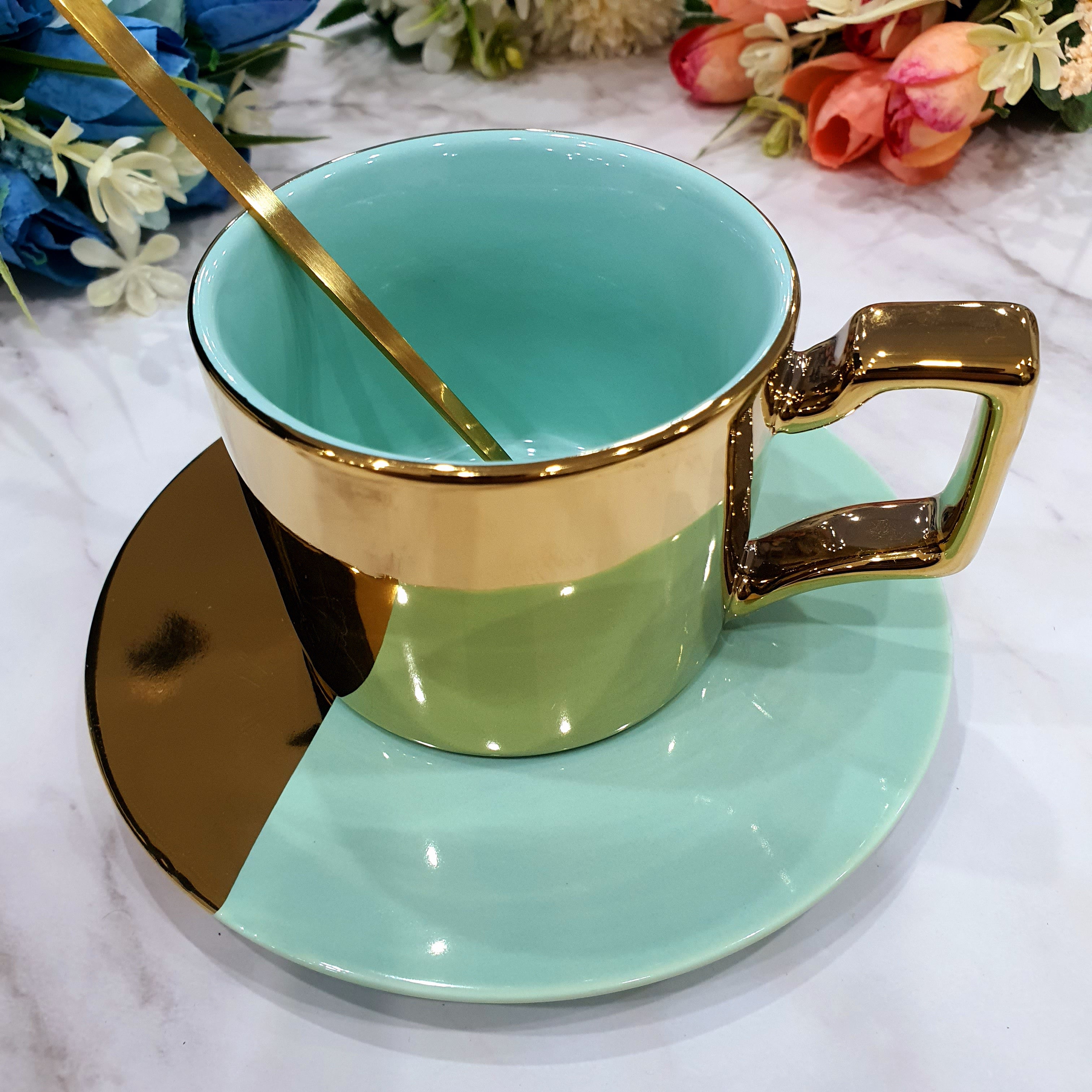 LV Design Premium Tea Cup with Saucer and Golden Spoon – Qareenay