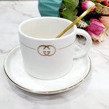 CHANEL Design Premium Tea Cup with Saucer and Golden Spoon - White