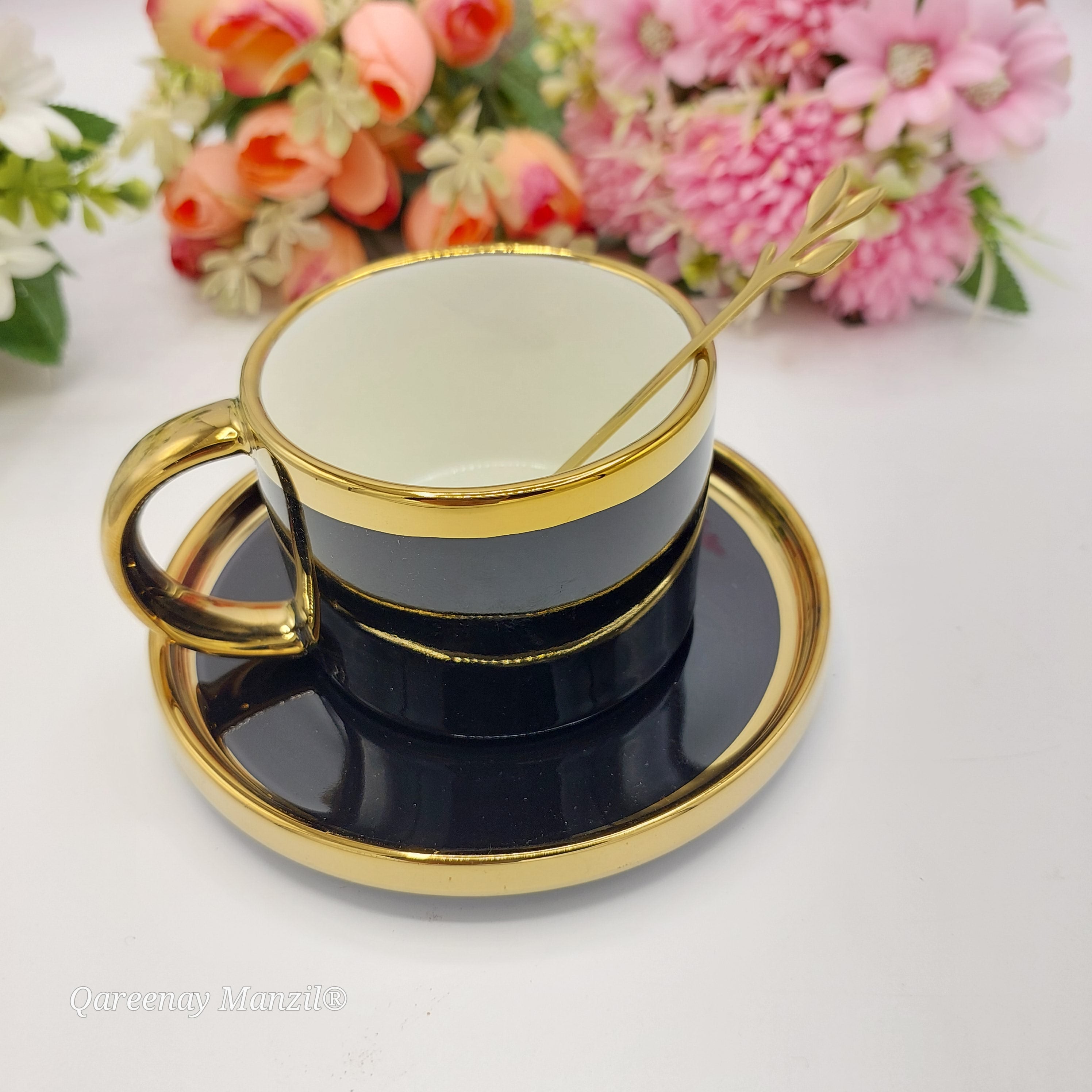 LV Design Premium Tea Cup with Saucer and Golden Spoon – Qareenay Manzil