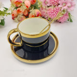 Premium Tea Cup with Saucer and Golden Spoon - Black & Golden