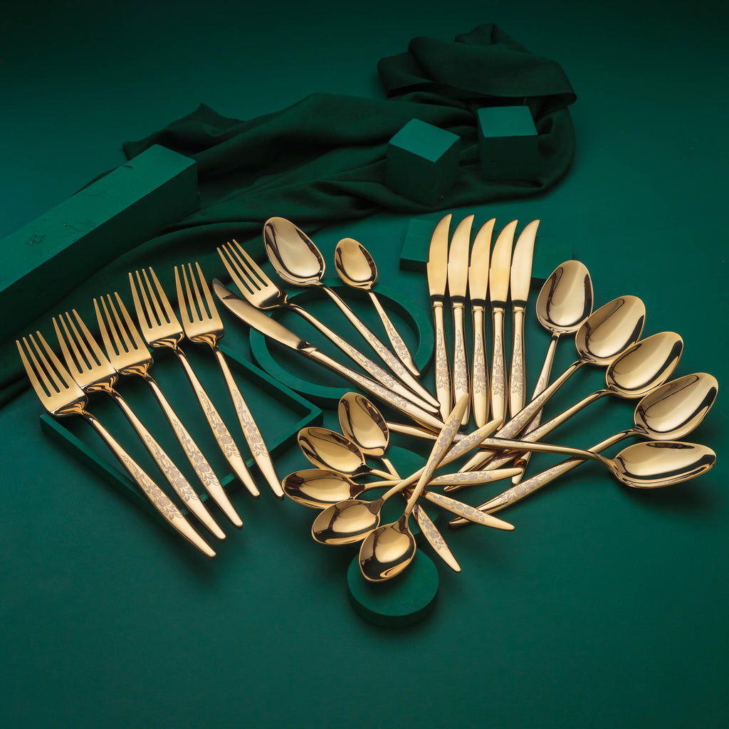 65 Grams Premium 24Piece Golden Cutlery Set 6 Person Qareenay Manzil