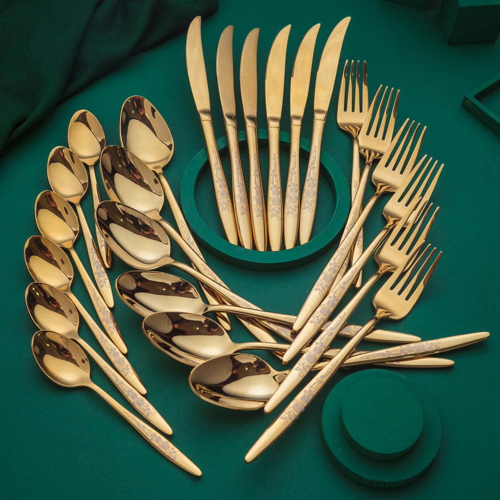 65 Grams Premium 24Piece Golden Cutlery Set 6 Person Qareenay Manzil