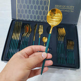 35 Grams Cutlery for 6 People - 24 Piece Set - Green & Golden