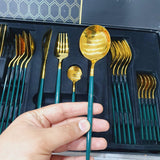 35 Grams Cutlery for 6 People - 24 Piece Set - Green & Golden