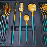 35 Grams Cutlery for 6 People - 24 Piece Set - Green & Golden